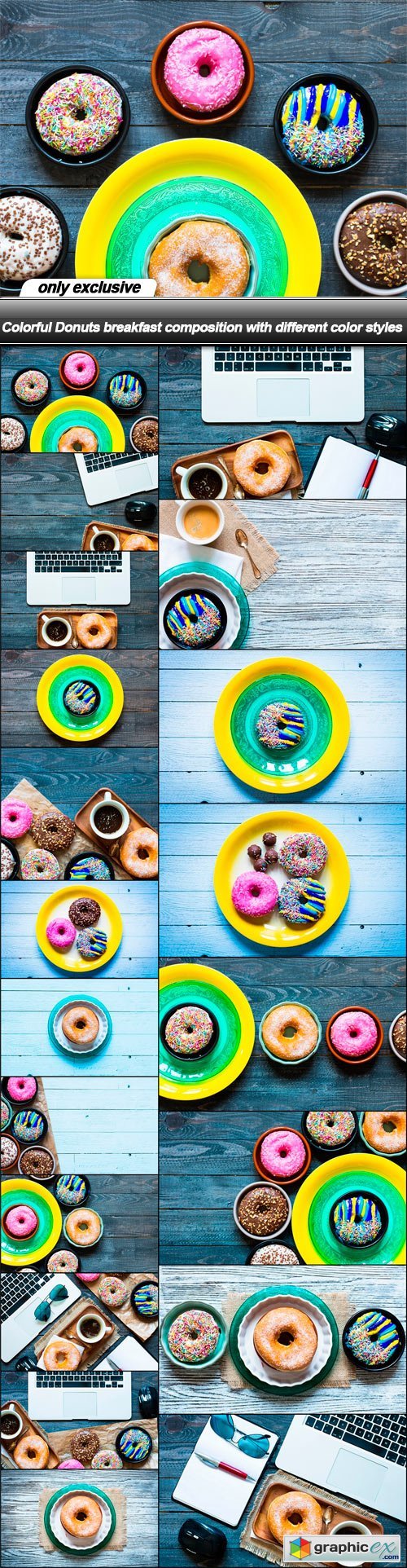 Colorful Donuts breakfast composition with different color styles - 20 UHQ JPEG