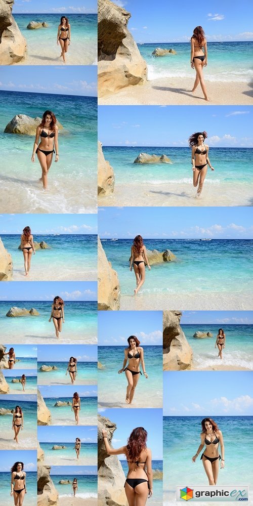 Woman with perfect slim body walking on the beach