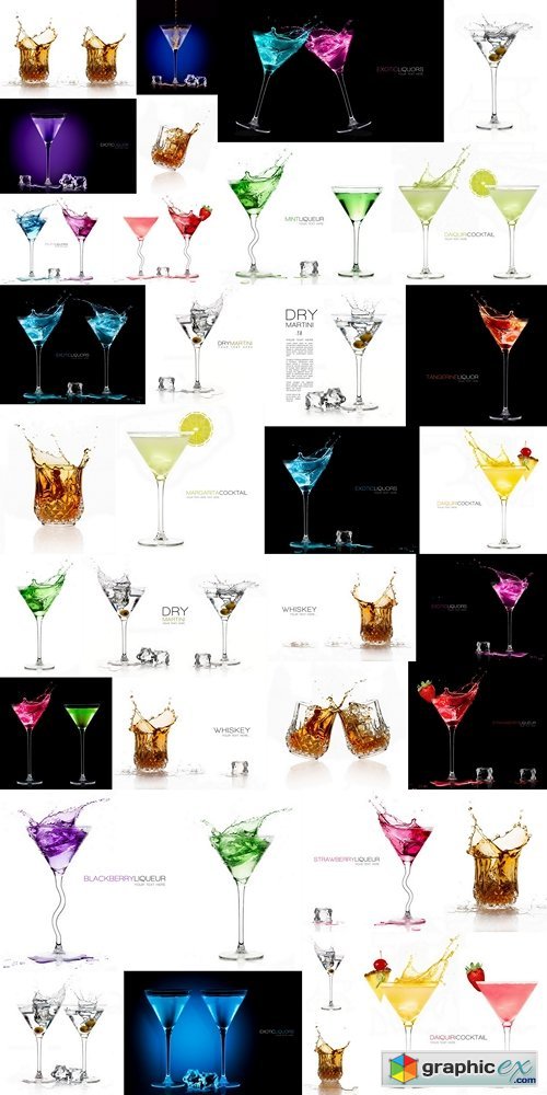 Exotic Liquors. Stemmed cocktail glasses making a toast splashin