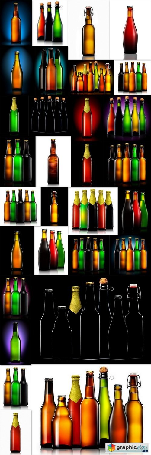 Set of beer bottles with clipping path isolated on black gradient background 2