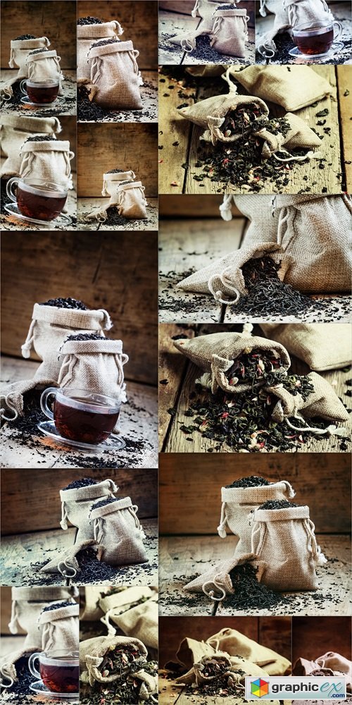 Dry green tea with flower petals in canvas bags, vintage wood bar