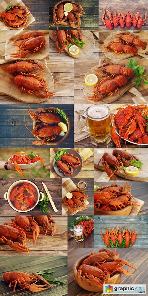 Glass of beer and a boiled crawfishes in a plate on a wooden background