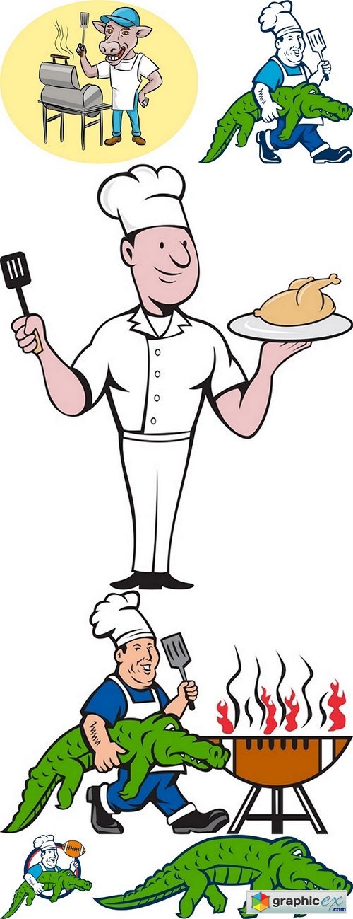 Illustration of a chef smiling carrying alligator
