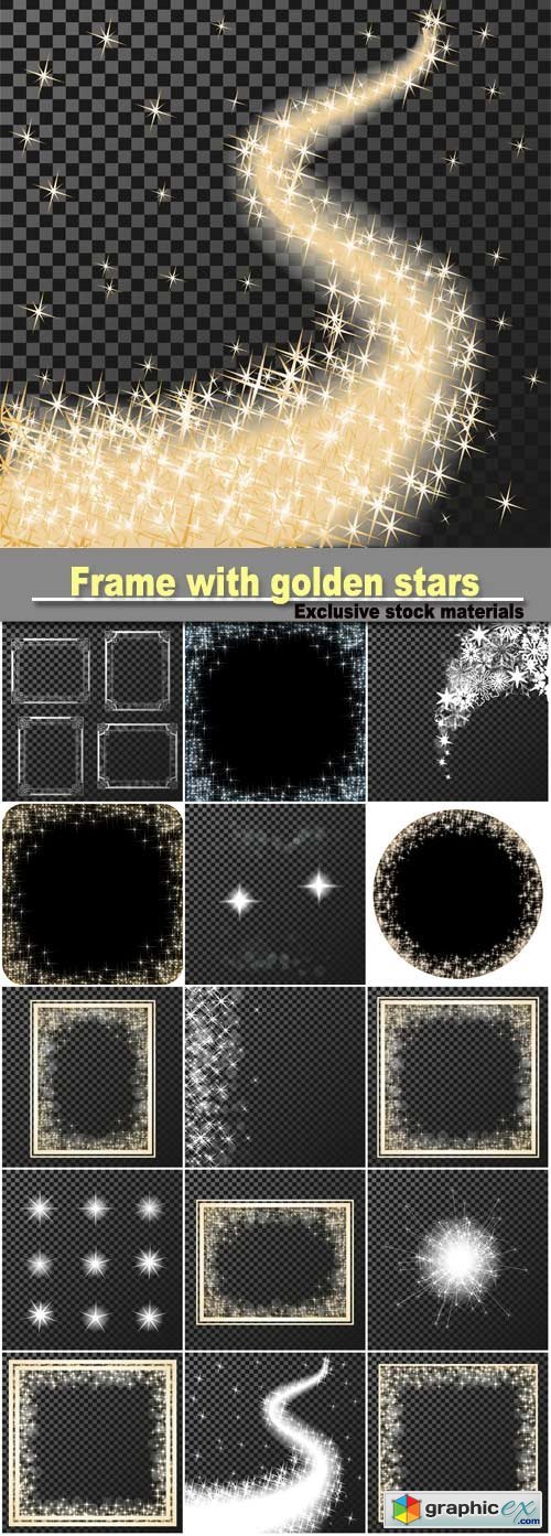 Rectangle frame with golden stars on the transparency background, sparkles golden symbols, star glitter, stellar flare, shining reflections