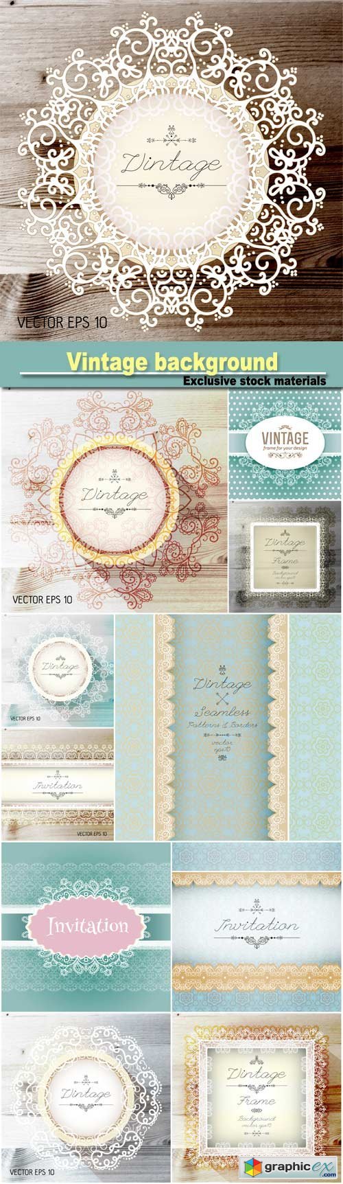 Vintage seamless background and border, invitation with lace, vector