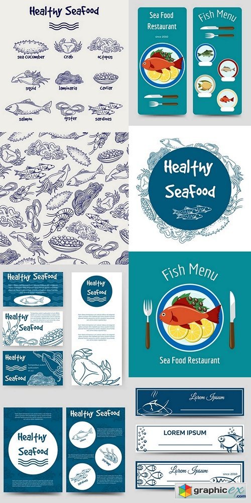Brochure flyers template with healthy seafood design vector illustration