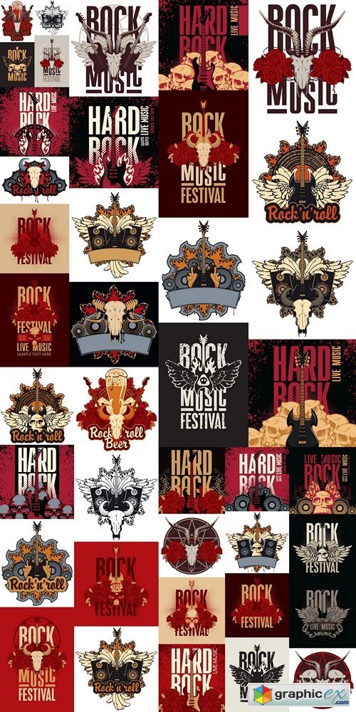 Banner poster for festival rock music with goat skull, roses and electric guitar