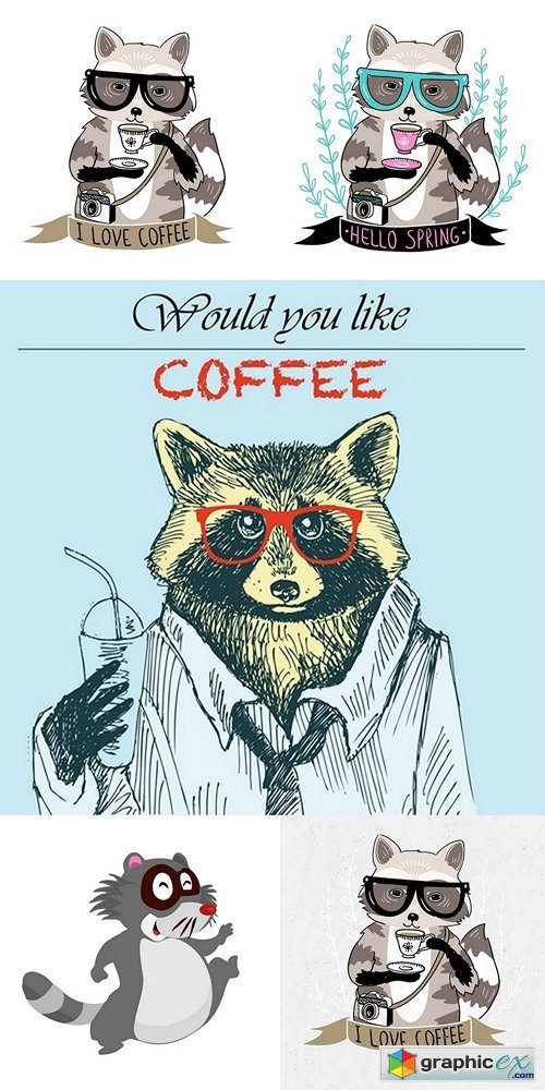 Hipster raccoon vector illustration. Raccoon with coffee and glasses. Hipster animals