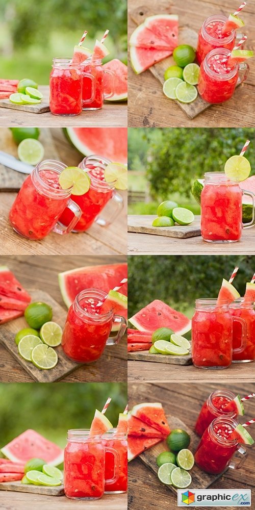 Watermelon smoothies with lime and sliced ripe on wooden table