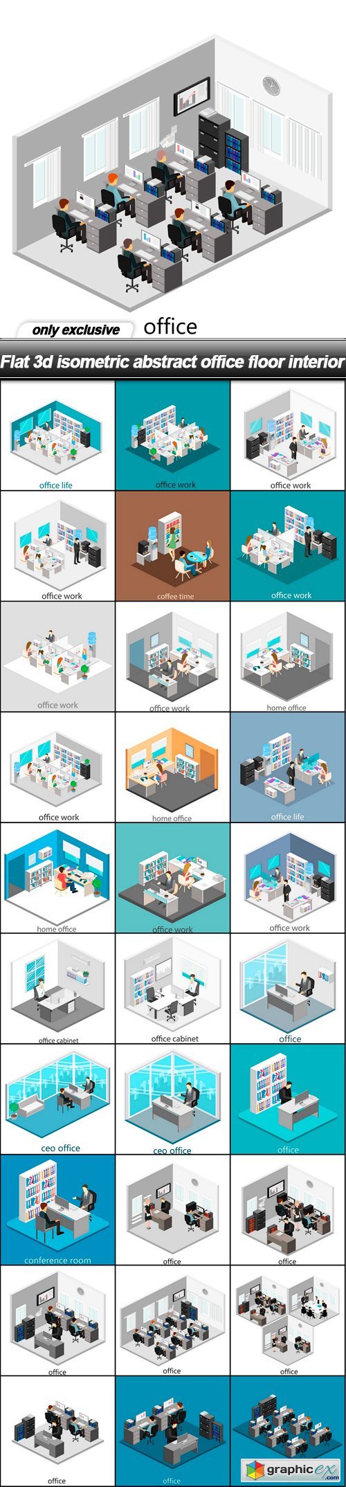 Flat 3d isometric abstract office floor interior - 30 EPS