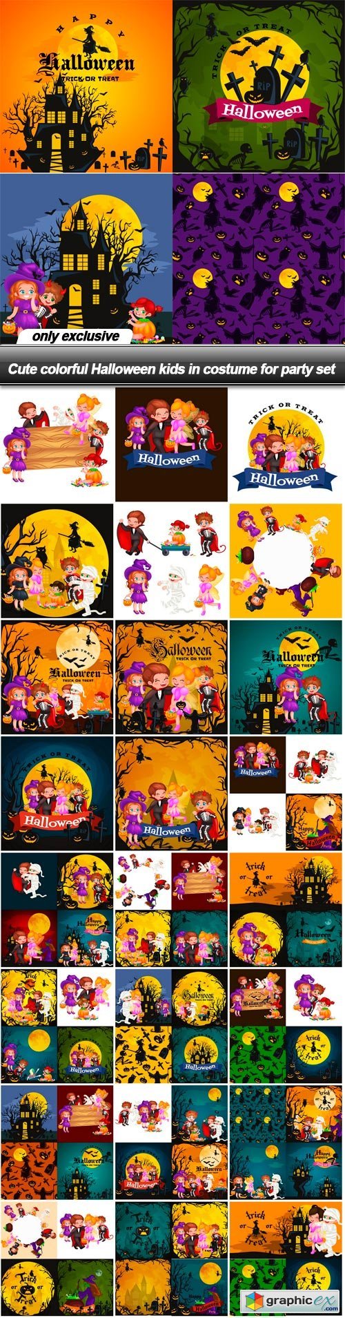 Cute colorful Halloween kids in costume for party set - 25 EPS