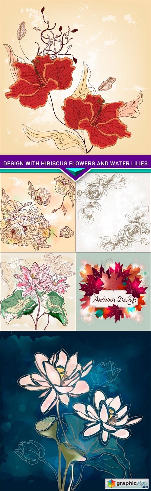 Design with hibiscus flowers and water lilies 6X EPS