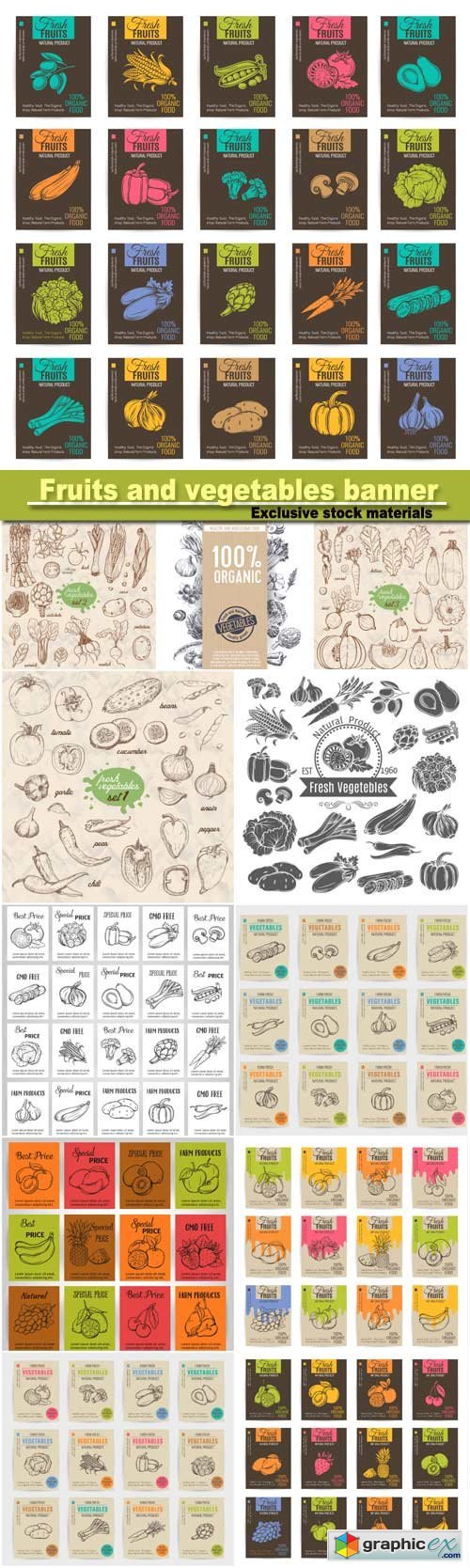 Hand draw bright vector fruits and vegetables banner, stickers