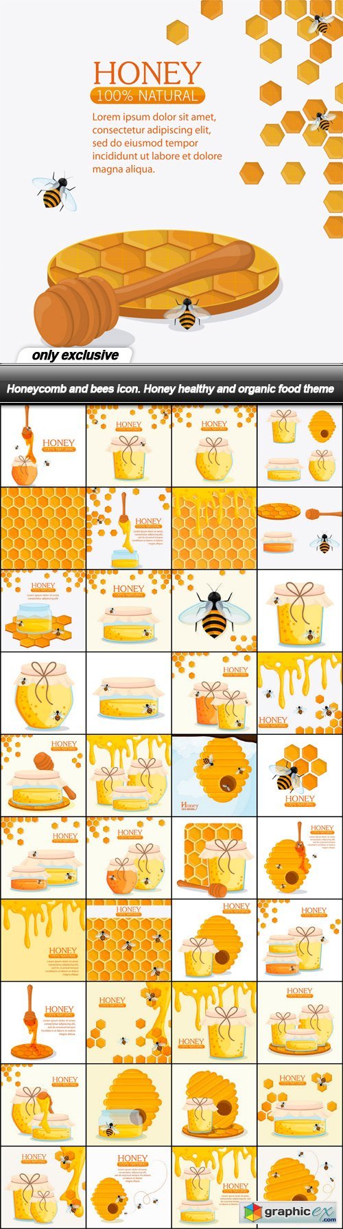 Honeycomb and bees icon. Honey healthy and organic food theme - 41 EPS