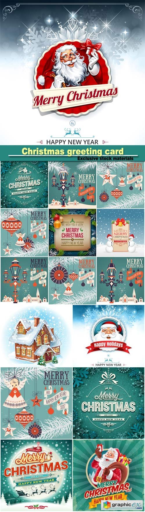 Vintage Christmas greeting card with Santa Claus, calligraphic and typographic design elements