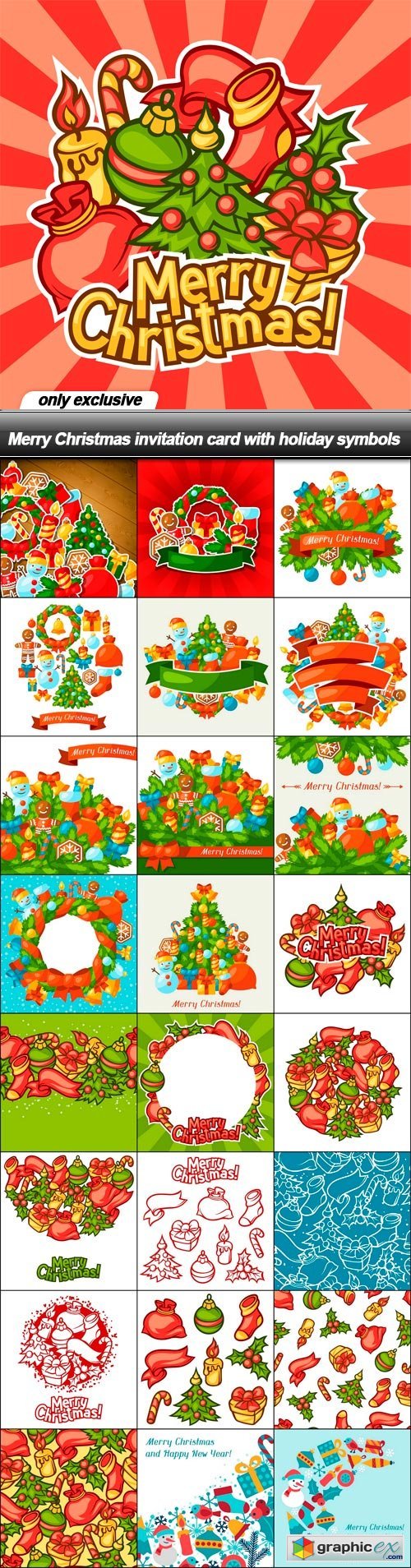 Merry Christmas invitation card with holiday symbols - 25 EPS