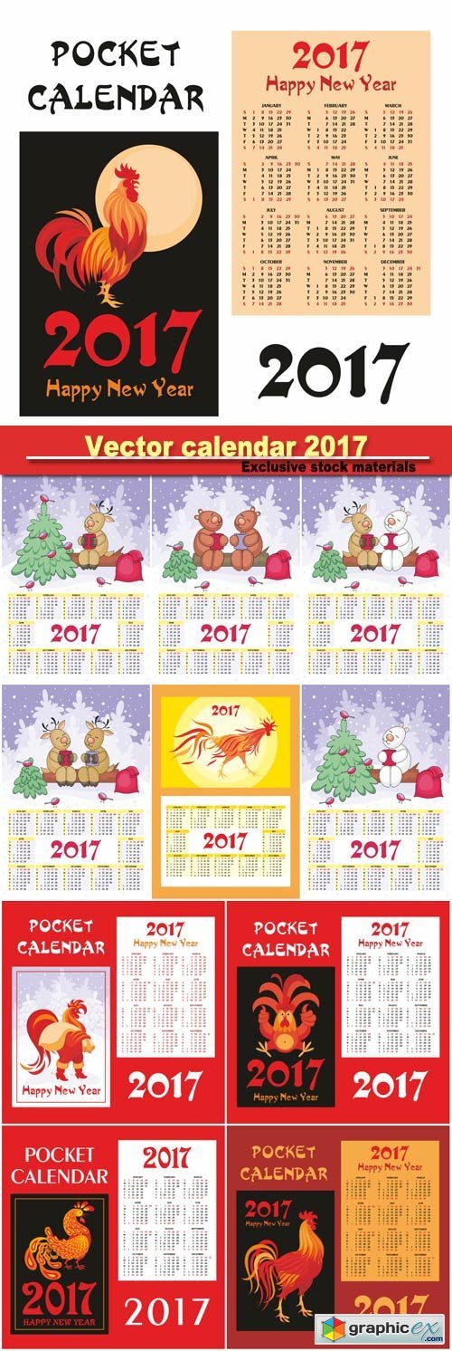 Calendar 2017 with deer and fiery cocks