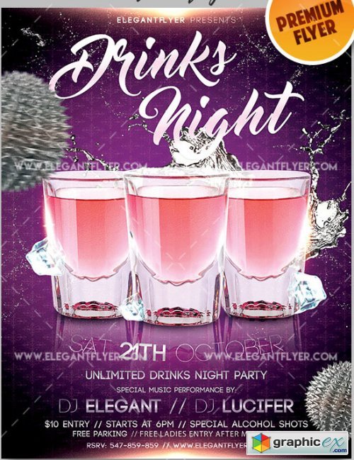 Drinks Night Flyer PSD V7 Template + Facebook Cover 