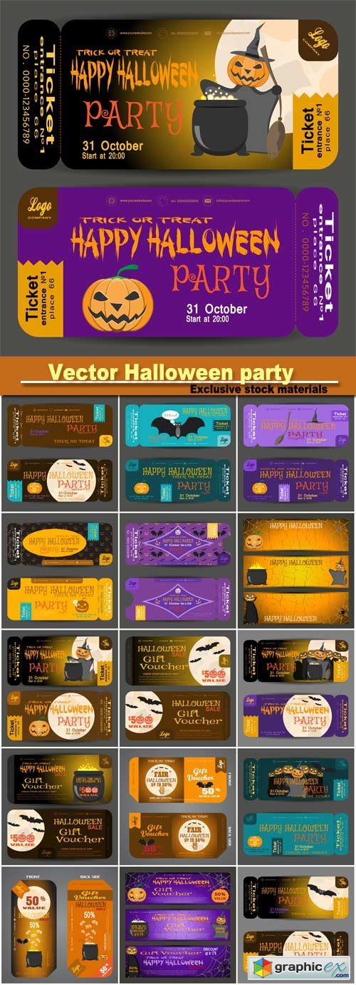 Beautiful ticket to a Halloween party on the dark yellow and dark lilac background
