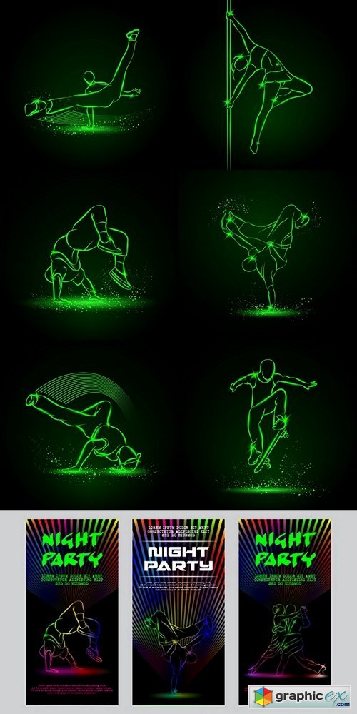Neon set of flyers for the night party. Template invitation to a disco. Glowing silhouettes of people dancing