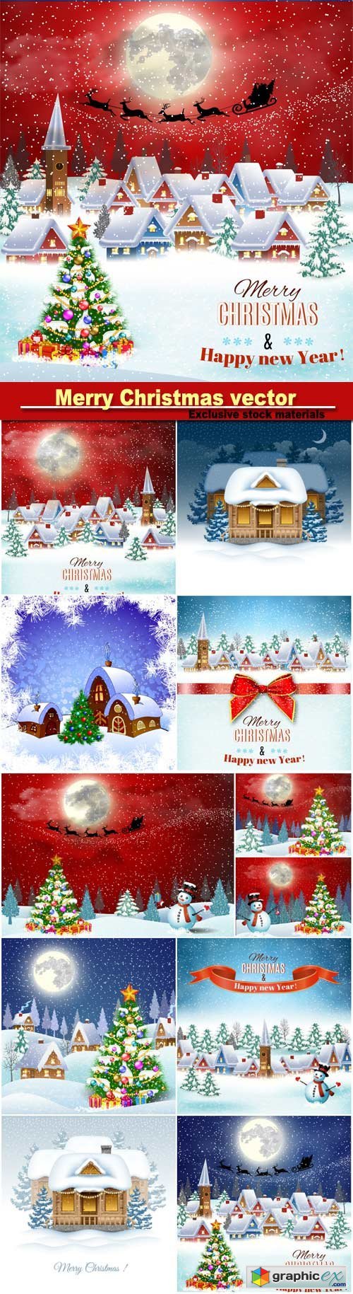 Christmas backgrounds in vector winter landscape with village houses and snowmen