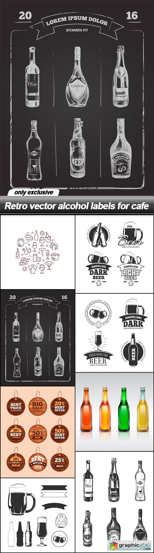 Retro vector alcohol labels for cafe - 8 EPS