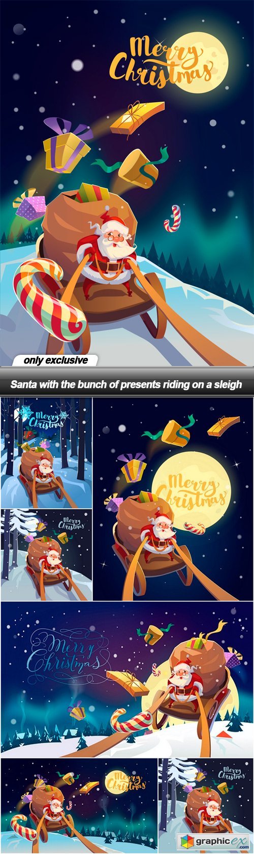 Santa with the bunch of presents riding on a sleigh - 7 EPS