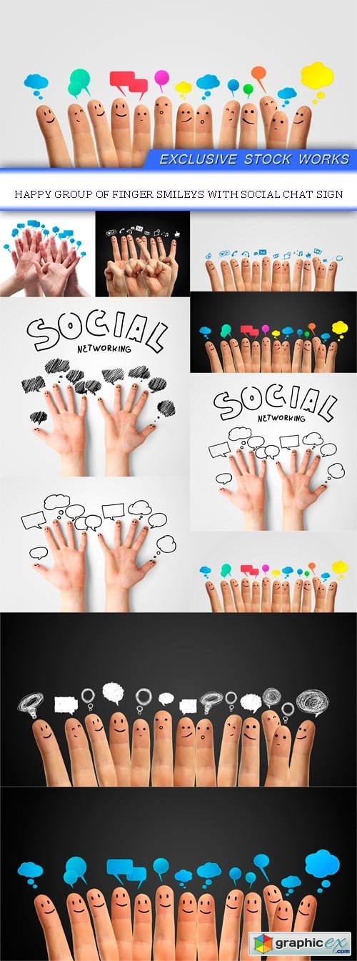 Happy group of finger smileys with social chat sign 10X JPEG