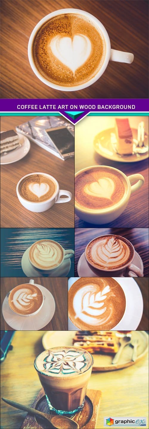 Close up Coffee latte art on wood background 8X JPEG