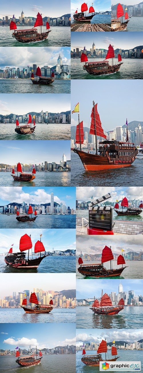 Hong Kong traditional red-sail Junk boat on city skyscrapers background