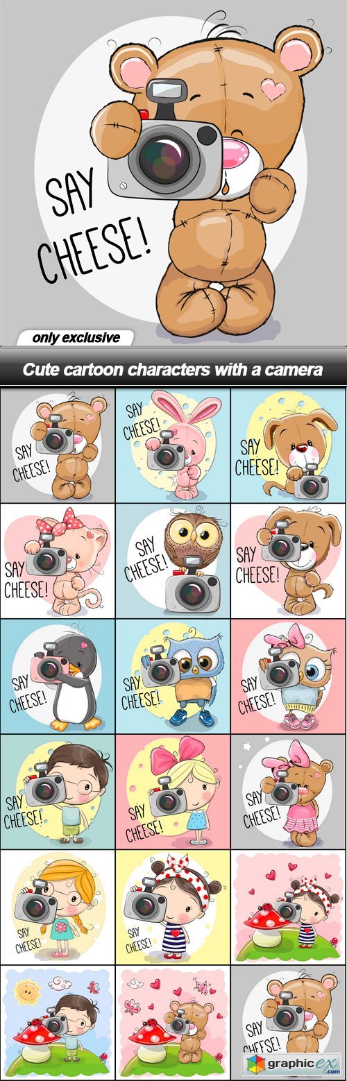Cute cartoon characters with a camera - 17 EPS