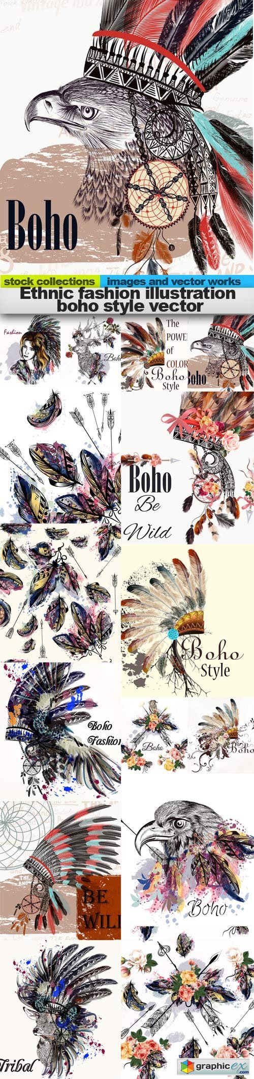 Ethnic fashion illustration boho style vector, 15 x EPS