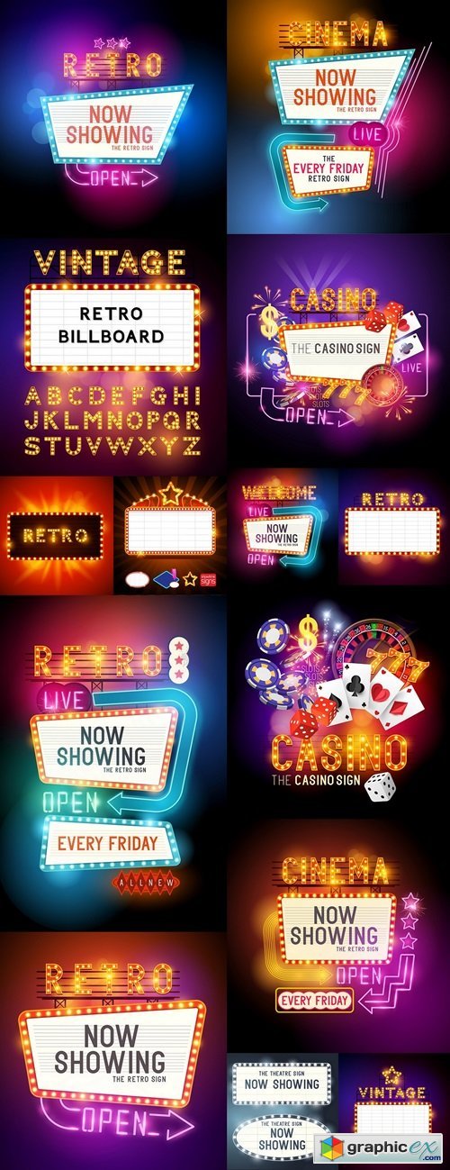 Retro Showtime Sign. Theatre cinema retro sign with glowing neon signs. Vector illustration