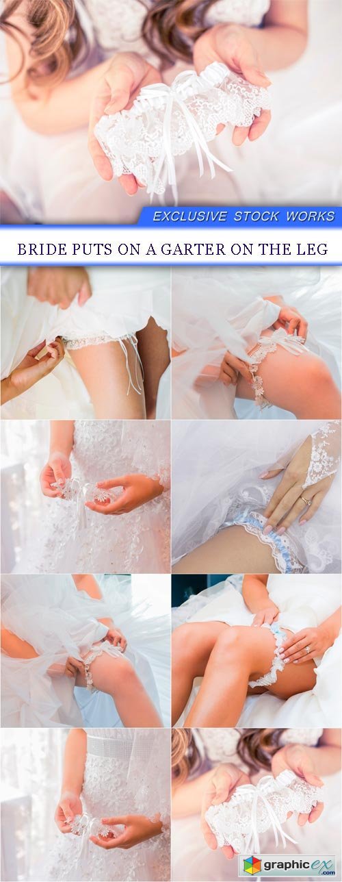 Bride puts on a garter on the leg 8x JPEG