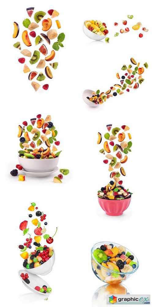 Falling fruit salad with the ingredients in the air isolated on