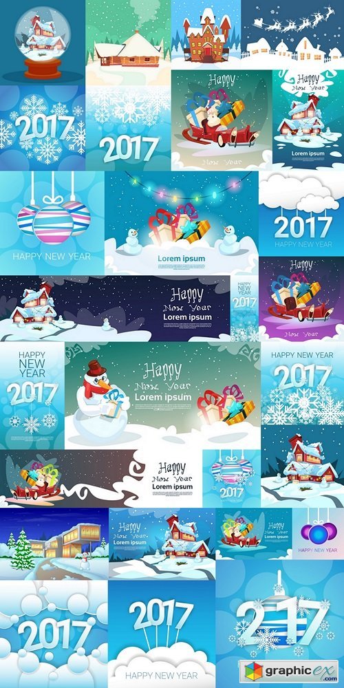 Merry Christmas New Year Banner Greeting Card Flat Vector Illustration 2
