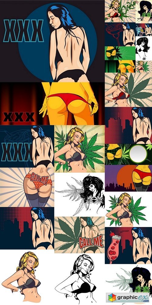 Hot girl back undressing vector pic with cannabis leaf 2