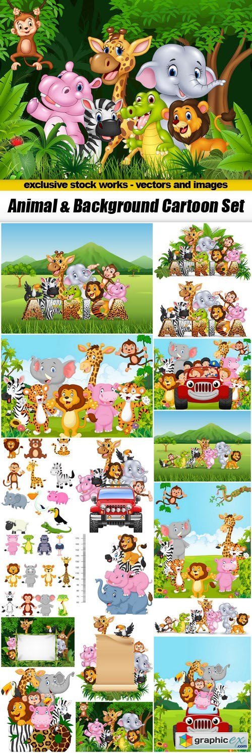 Animal & Background Cartoon Set - 17xEPS