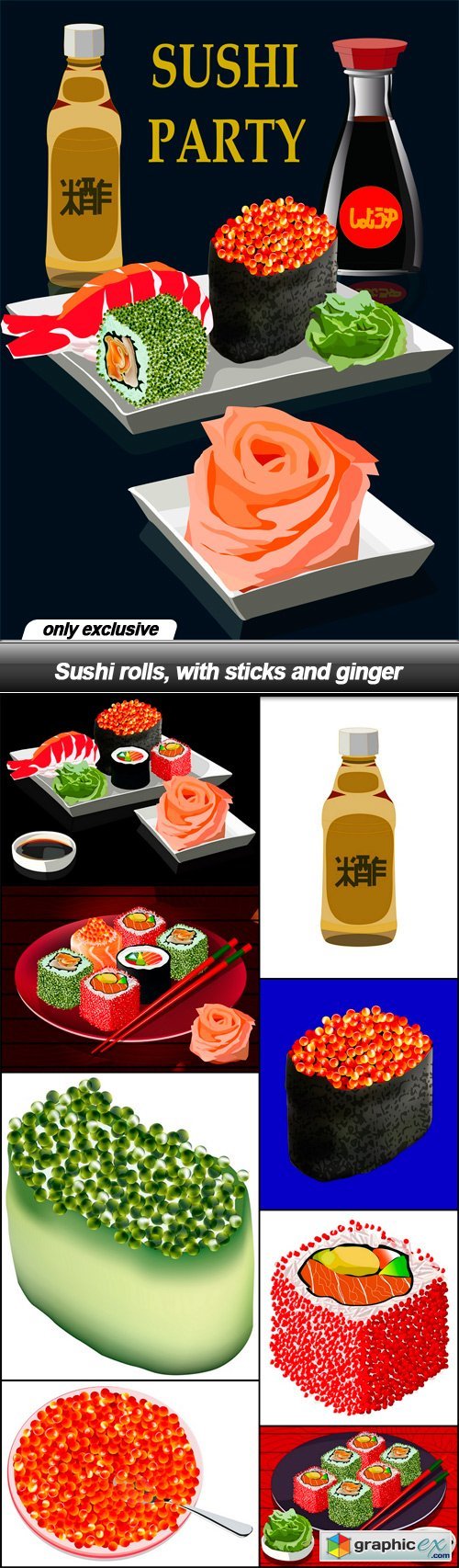 Sushi rolls, with sticks and ginger - 9 EPS