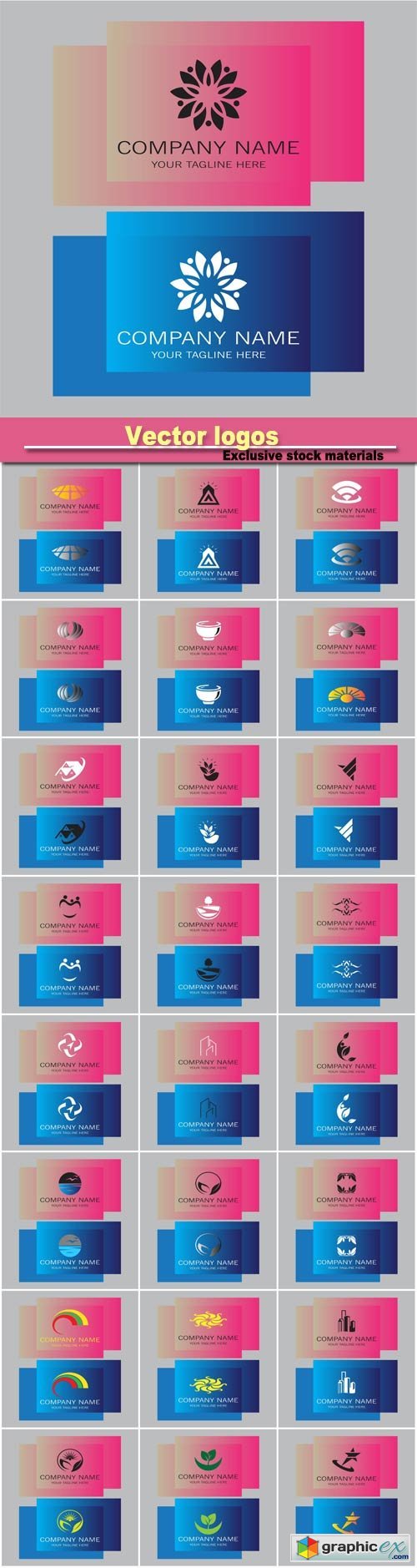 Business logos on the pink and blue backgrounds
