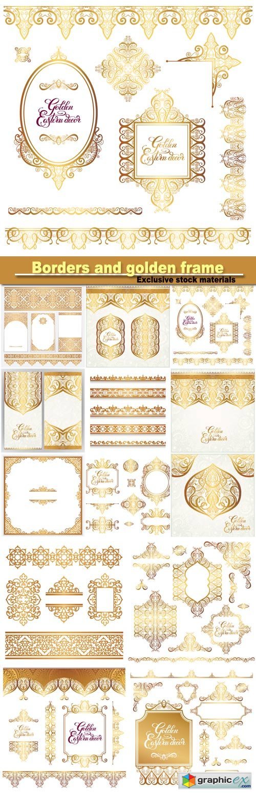 Floral vintage gold borders and golden eastern decor frame elements, paisley pattern