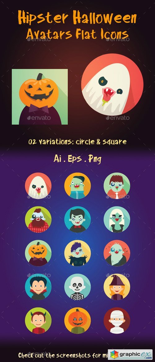 Hipster Halloween Avatar Flat Icons