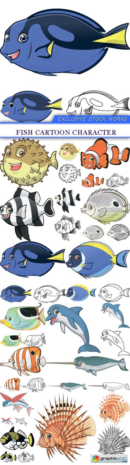 Fish cartoon character 13X EPS
