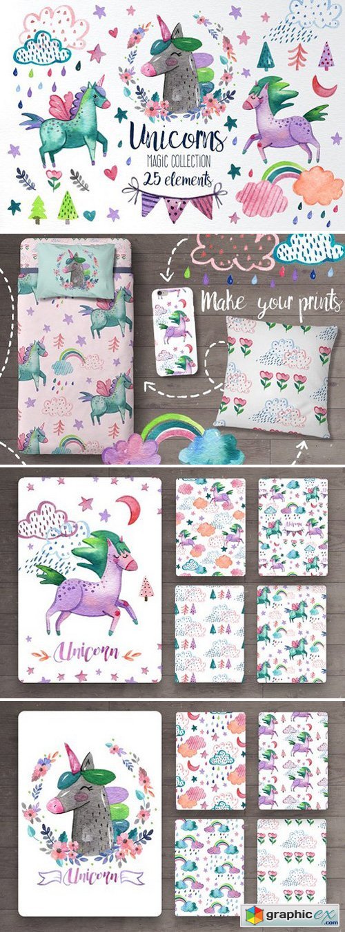 Watercolor unicorn magic collection