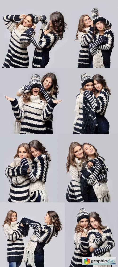 Two Girl Wearing Knit Hat, Scarf, Sweater and Gloves