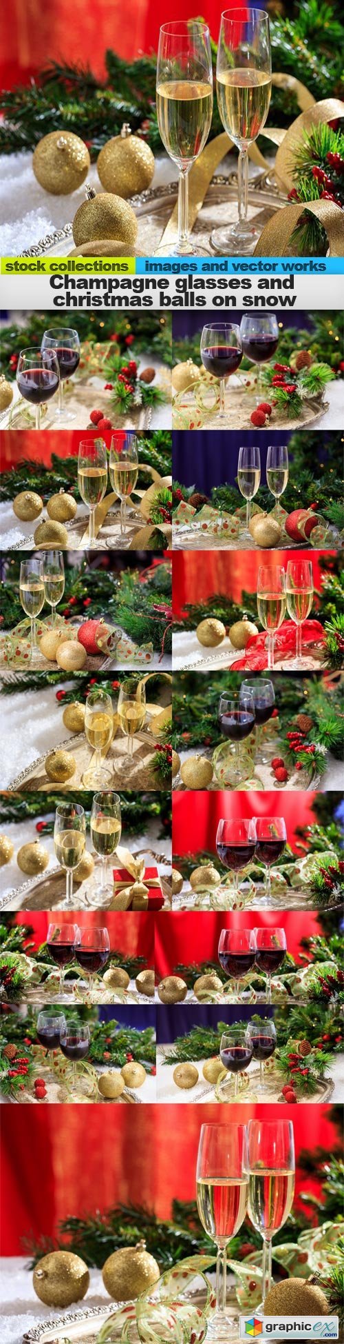 Champagne glasses and christmas balls on snow, 15 x UHQ JPEG