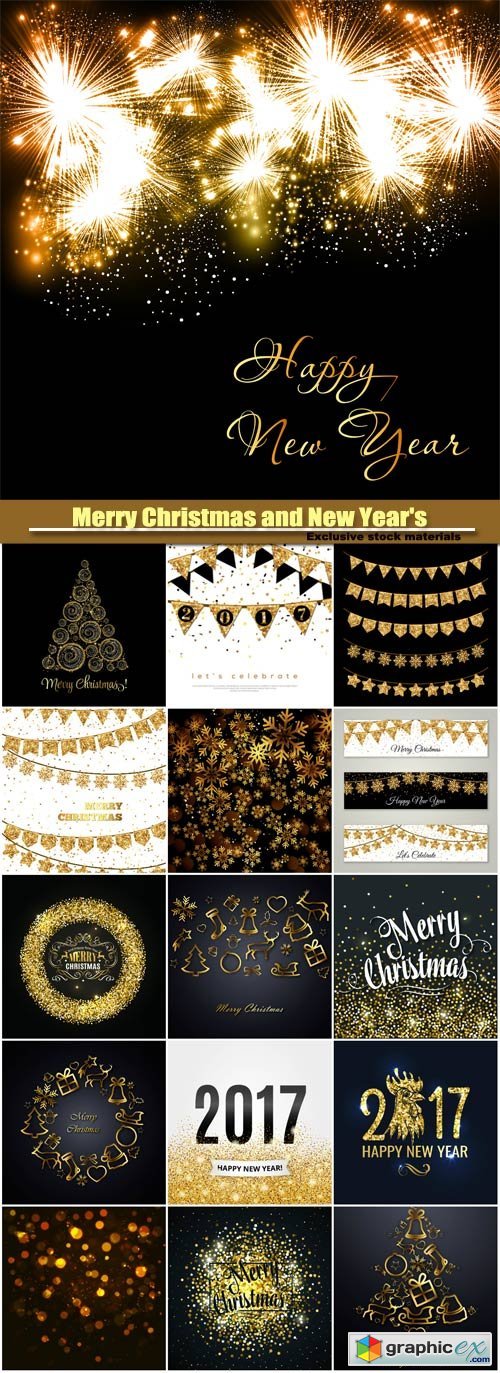 Merry Christmas and New Year's vector background, gold glitter design, snowflake on a dark background