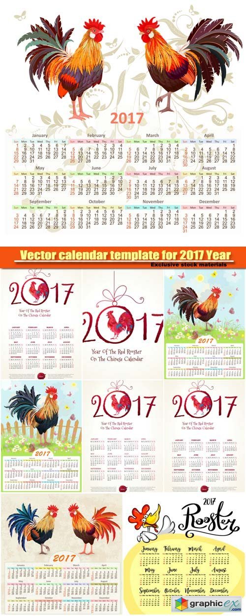 Vector calendar for 2017 with colorful rooster