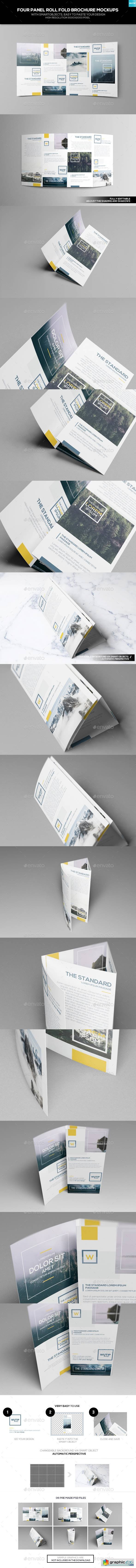Four Panel Roll Fold Brochure Mockups