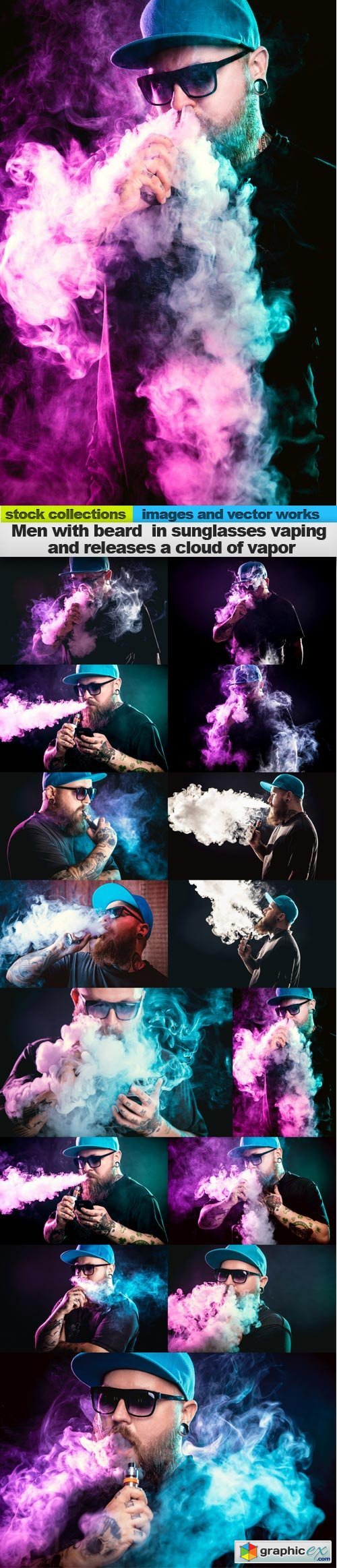 Men with beard in sunglasses vaping and releases a cloud of vapor, 15 x UHQ JPEG